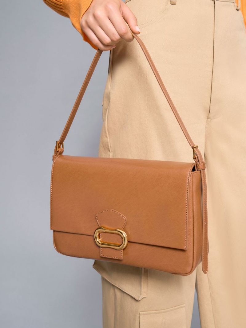 τσάντεσ ώμου Charles And Keith Daki Belted Trapeze σοκολάτα | 72450-QSMT