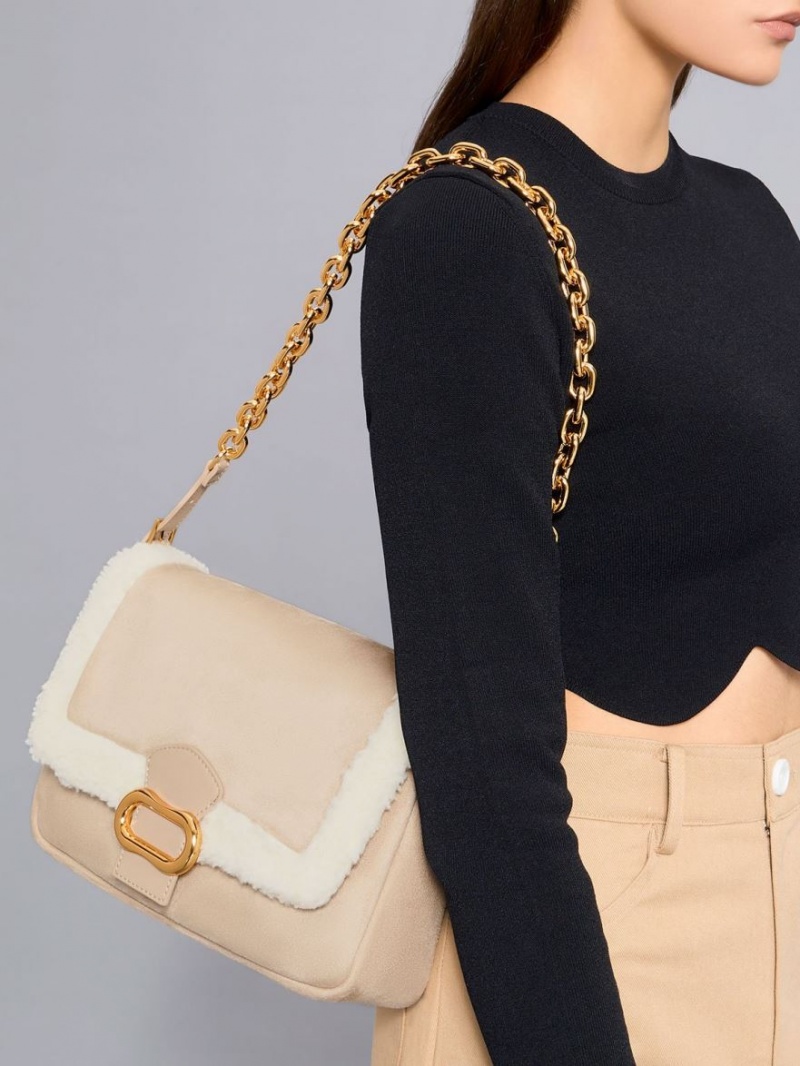 τσάντεσ ώμου Charles And Keith Daki Fur-Trim Belted Trapeze Μπεζ | 13074-TJDW