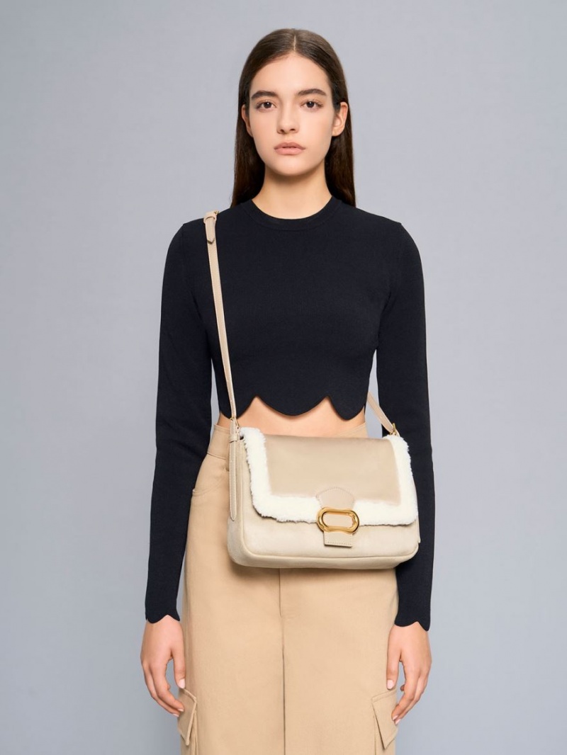 τσάντεσ ώμου Charles And Keith Daki Fur-Trim Belted Trapeze Μπεζ | 13074-TJDW
