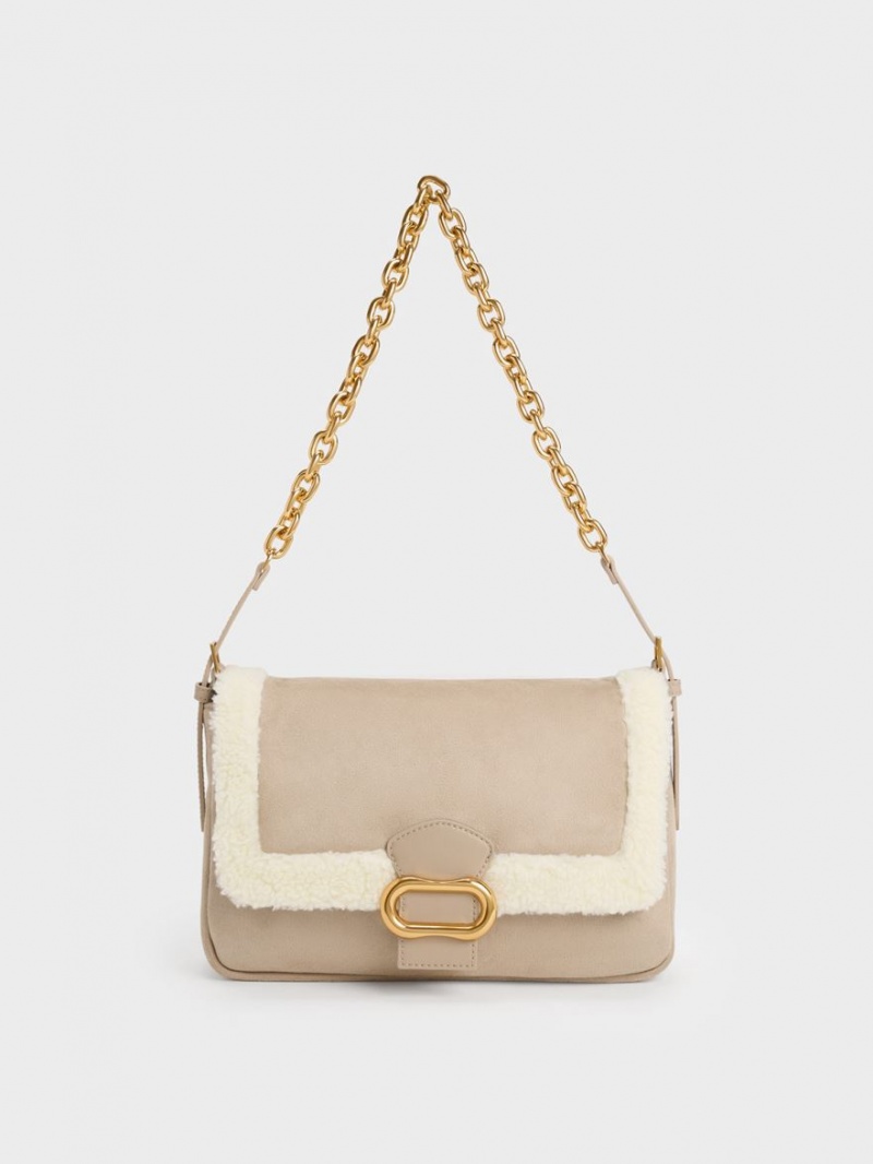 τσάντεσ ώμου Charles And Keith Daki Fur-Trim Belted Trapeze Μπεζ | 13074-TJDW