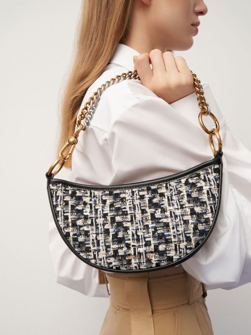 τσάντεσ χιαστί Charles And Keith Dancer Tweed Crescent σκουρο μπλε | 90486-BGWJ