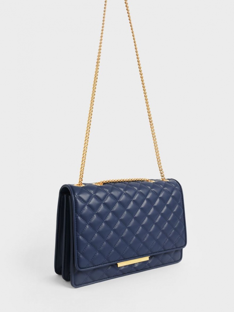 τσάντεσ ώμου Charles And Keith Double Chain Handle Καπιτονέ σκουρο μπλε | 65123-PMKV