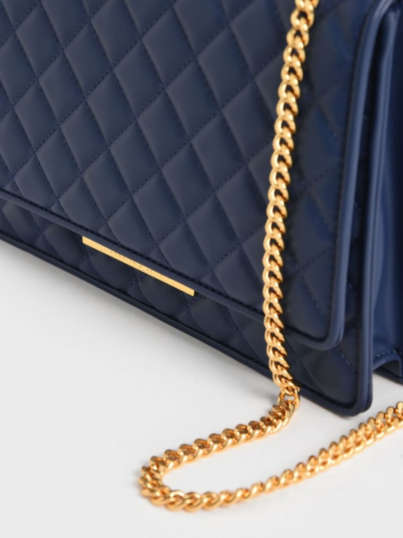 τσάντεσ ώμου Charles And Keith Double Chain Handle Καπιτονέ σκουρο μπλε | 65123-PMKV