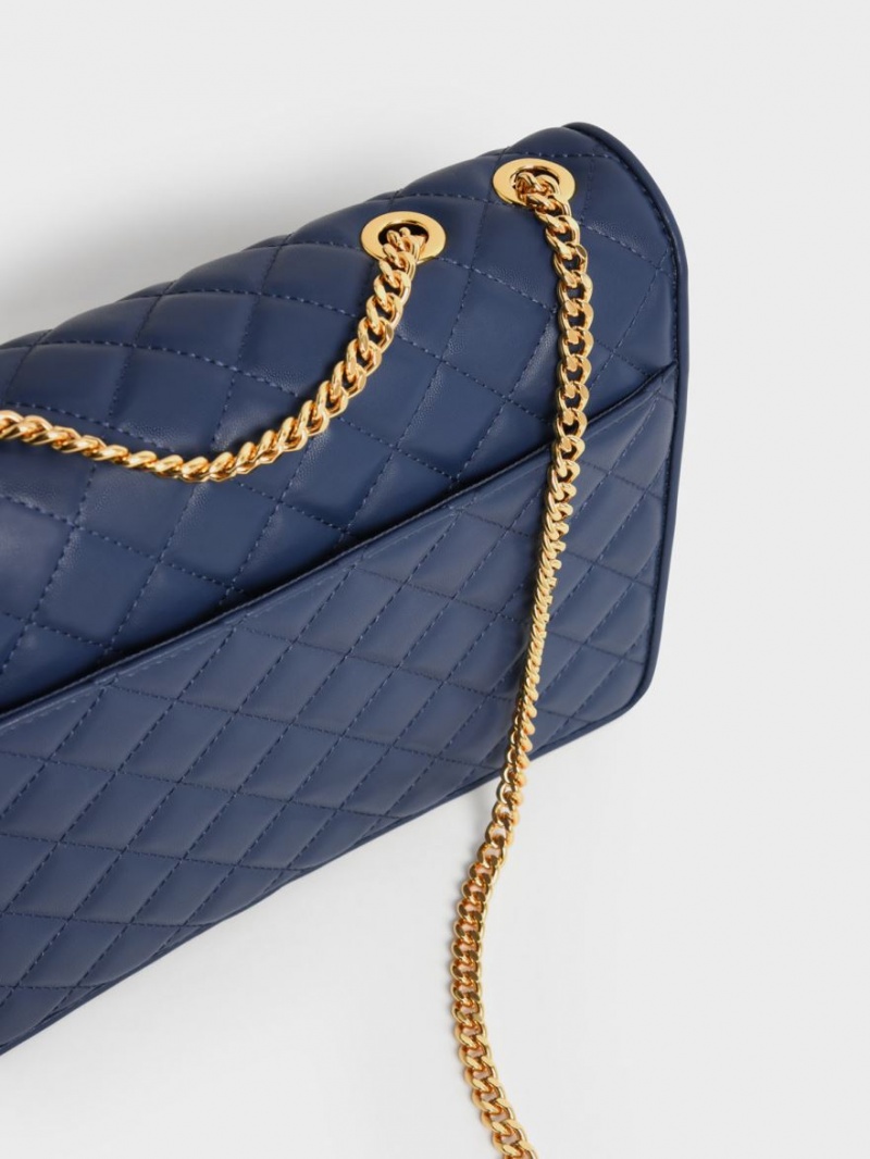 τσάντεσ ώμου Charles And Keith Double Chain Handle Καπιτονέ σκουρο μπλε | 65123-PMKV