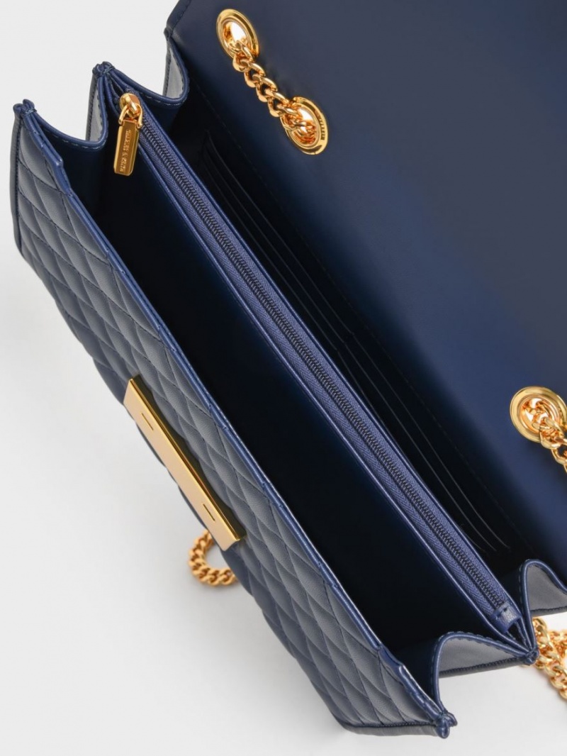 τσάντεσ ώμου Charles And Keith Double Chain Handle Καπιτονέ σκουρο μπλε | 65123-PMKV