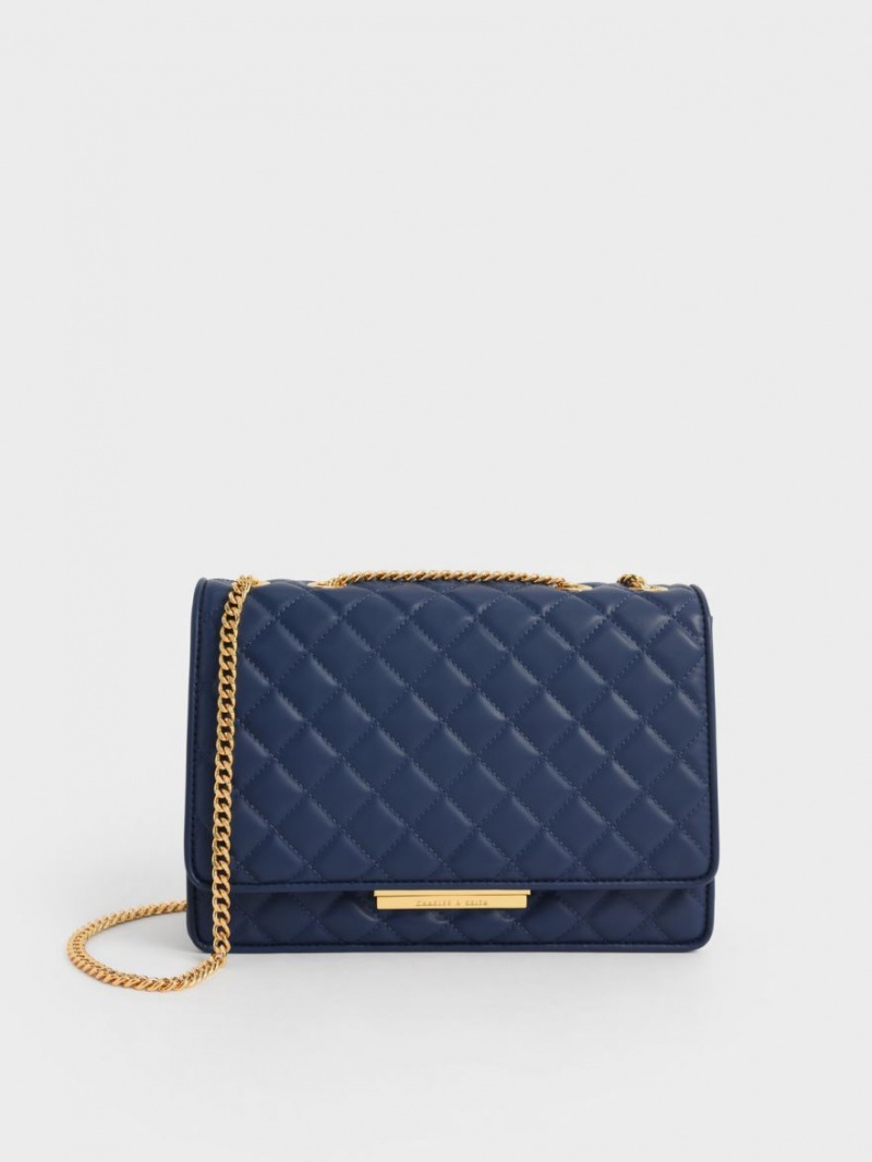 τσάντεσ ώμου Charles And Keith Double Chain Handle Καπιτονέ σκουρο μπλε | 65123-PMKV