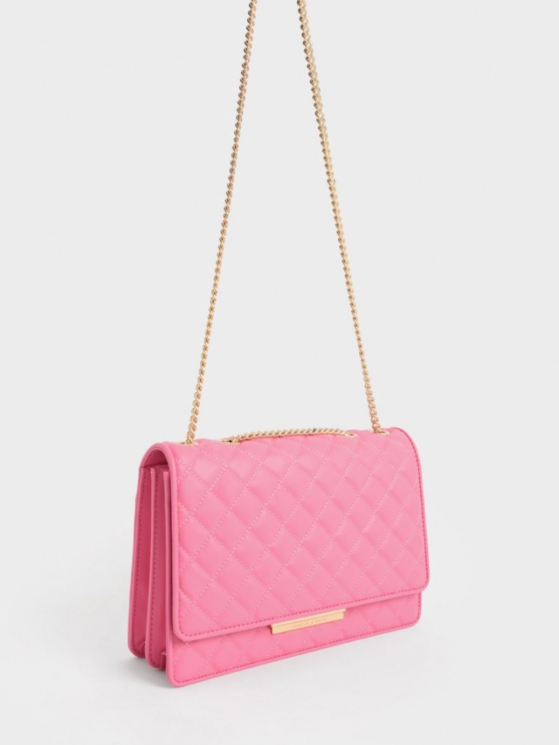 τσάντεσ ώμου Charles And Keith Double Chain Handle Καπιτονέ ροζ | 82917-YJTW