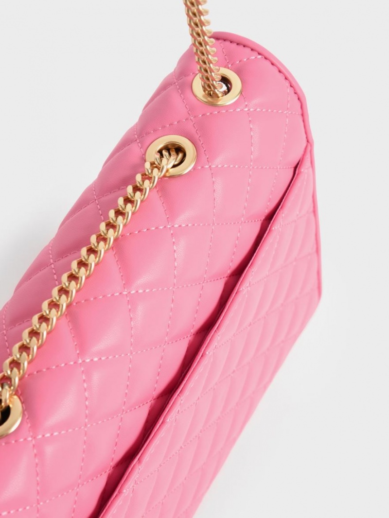 τσάντεσ ώμου Charles And Keith Double Chain Handle Καπιτονέ ροζ | 82917-YJTW