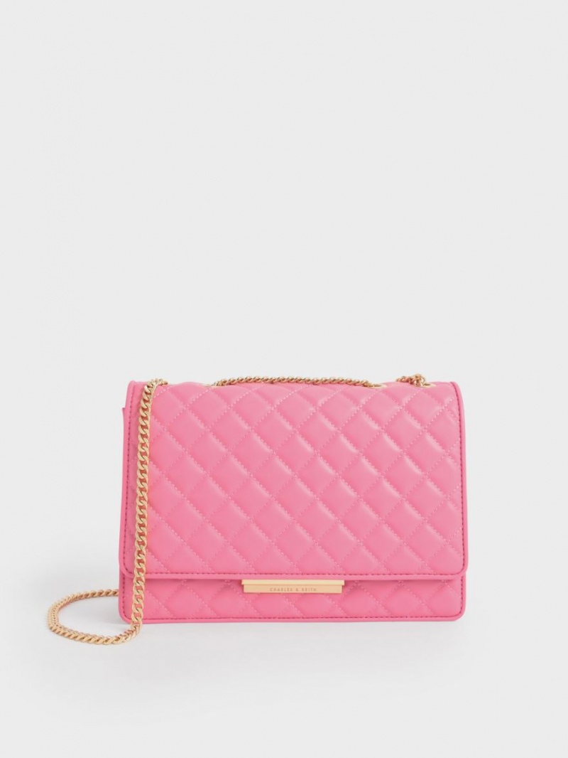 τσάντεσ ώμου Charles And Keith Double Chain Handle Καπιτονέ ροζ | 82917-YJTW