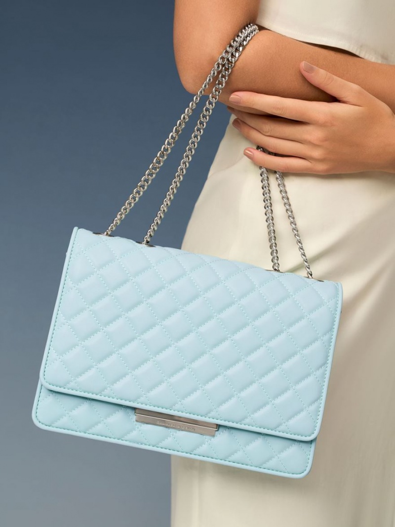 τσάντεσ ώμου Charles And Keith Double Chain Handle Καπιτονέ ανοιχτο μπλε | 36510-WFDZ