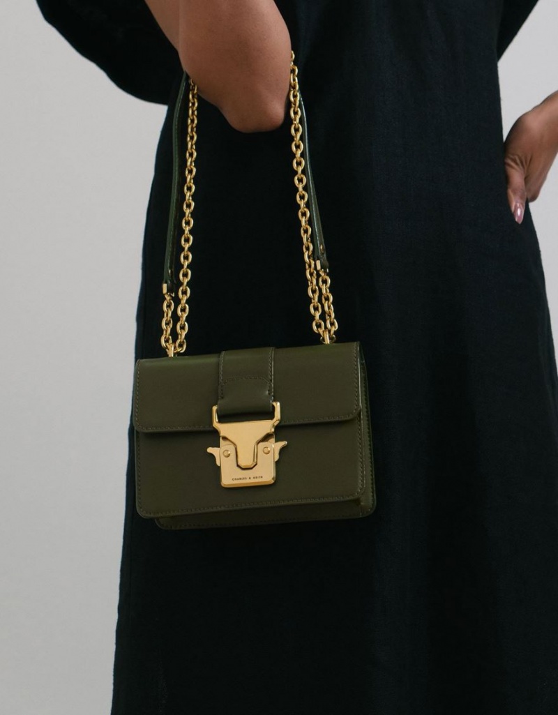 τσάντεσ ώμου Charles And Keith Double Handle Metallic Push-Lock Ελιά | 63851-UOIQ