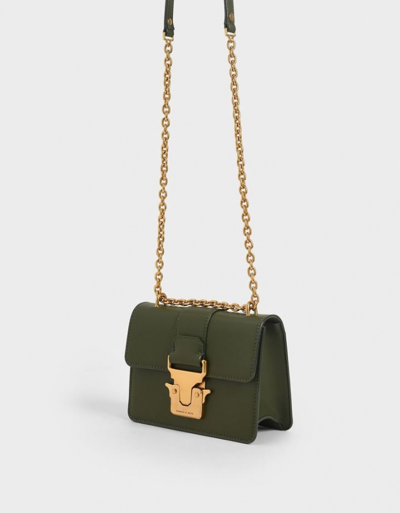 τσάντεσ ώμου Charles And Keith Double Handle Metallic Push-Lock Ελιά | 63851-UOIQ