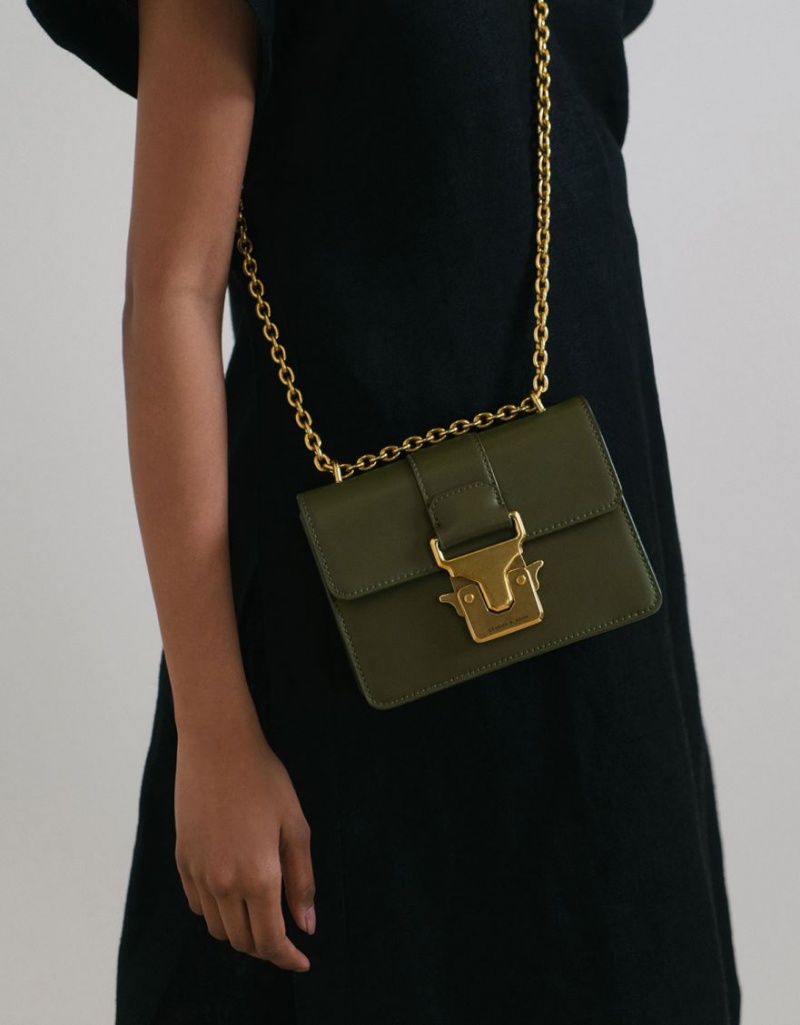 τσάντεσ ώμου Charles And Keith Double Handle Metallic Push-Lock Ελιά | 63851-UOIQ