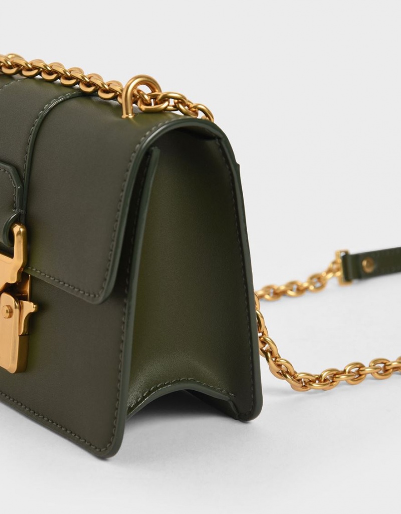 τσάντεσ ώμου Charles And Keith Double Handle Metallic Push-Lock Ελιά | 63851-UOIQ