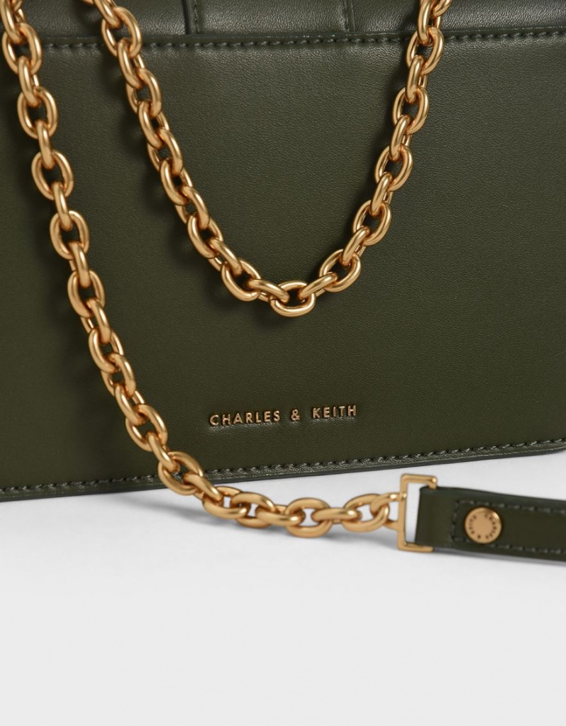 τσάντεσ ώμου Charles And Keith Double Handle Metallic Push-Lock Ελιά | 63851-UOIQ
