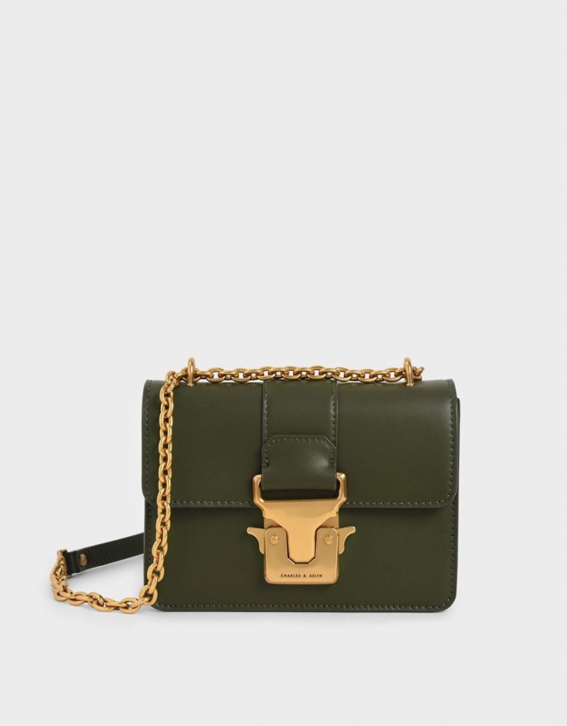 τσάντεσ ώμου Charles And Keith Double Handle Metallic Push-Lock Ελιά | 63851-UOIQ