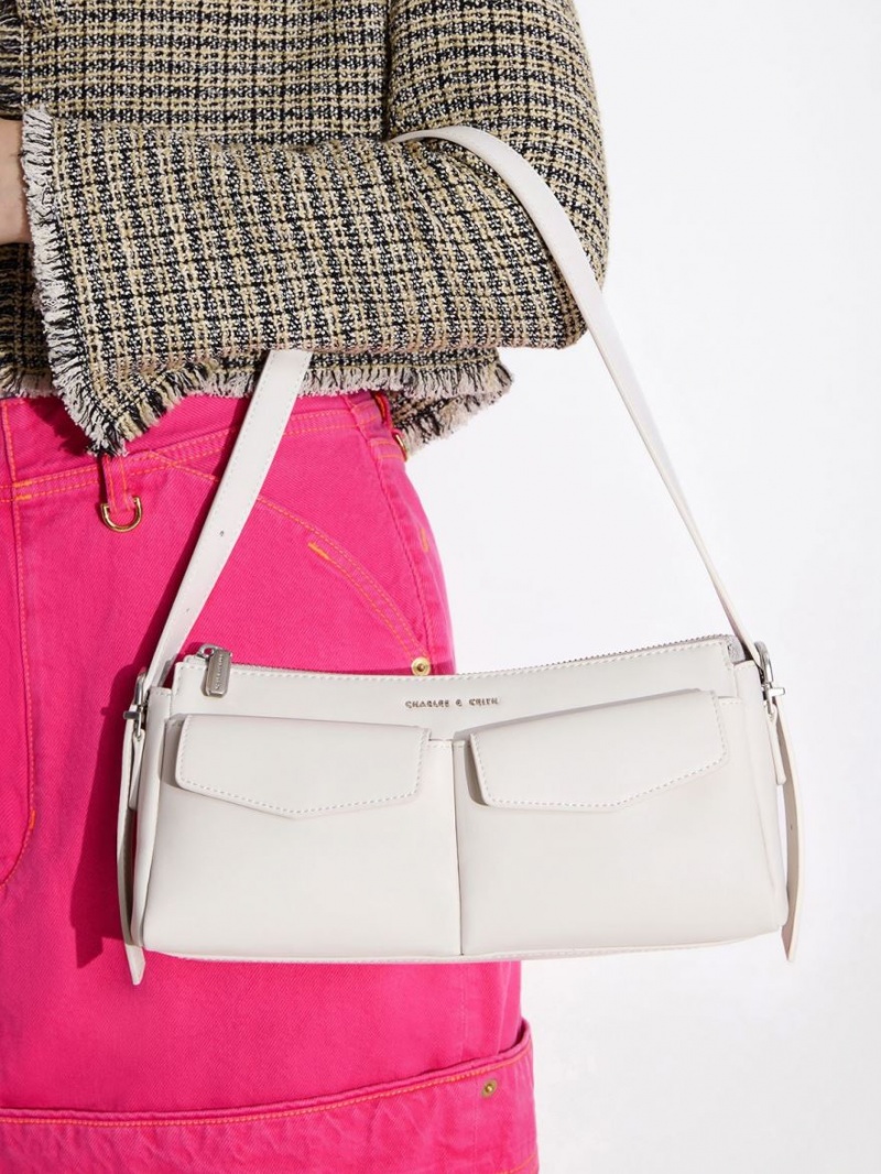 τσάντεσ ώμου Charles And Keith Double Pouch ασπρα | 38147-FGTV