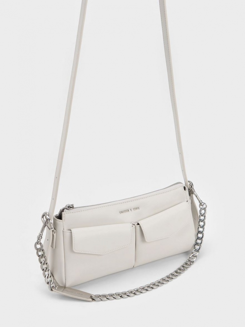 τσάντεσ ώμου Charles And Keith Double Pouch ασπρα | 38147-FGTV