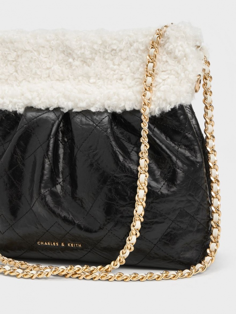 τσάντεσ ώμου Charles And Keith Duo Furry Chain Handle μαυρα | 80371-MNGZ