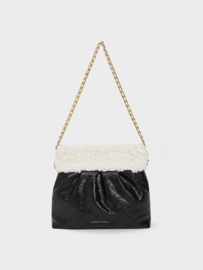 τσάντεσ ώμου Charles And Keith Duo Furry Chain Handle μαυρα | 80371-MNGZ