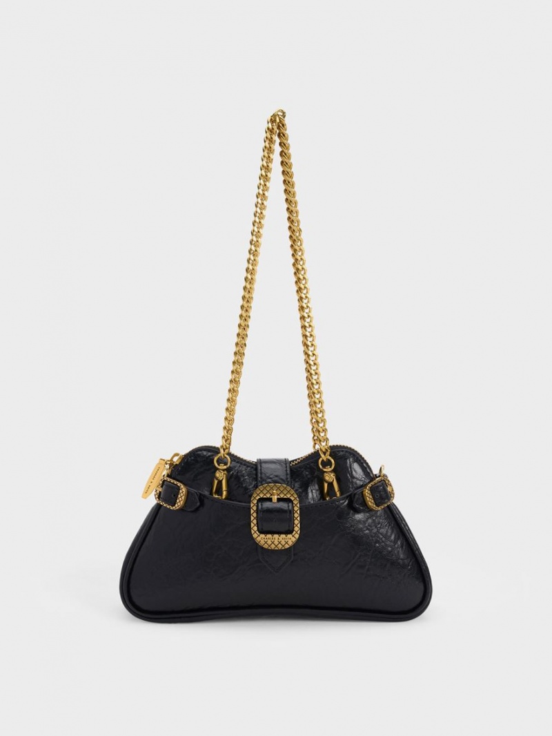 τσάντεσ ώμου Charles And Keith Eilith Chain-Handle Buckled μαυρα | 58702-QUSV