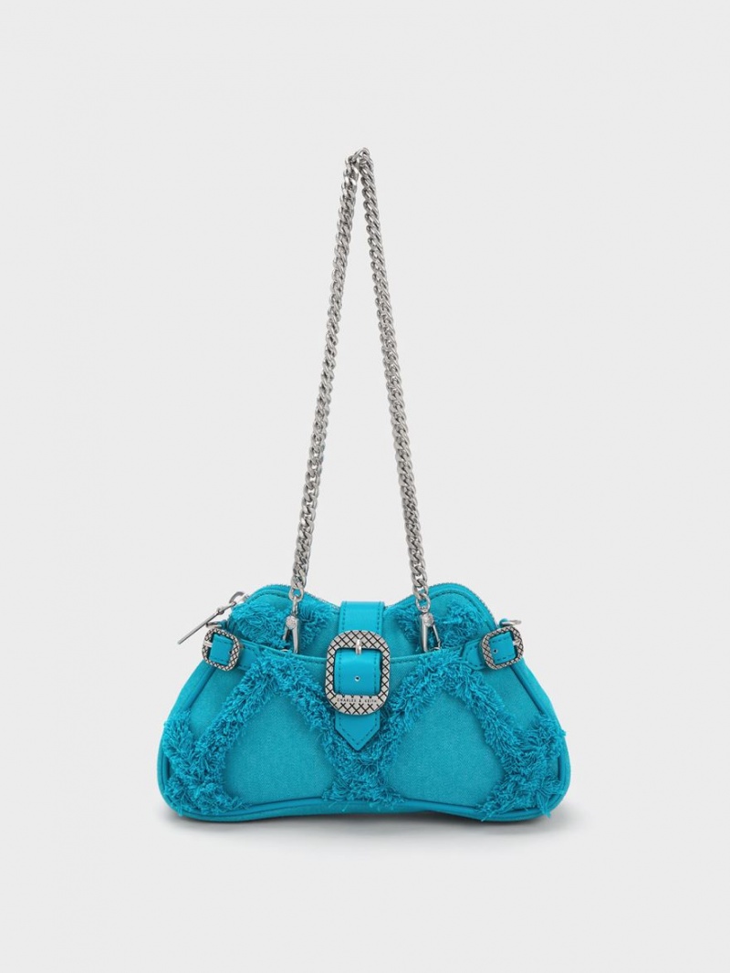 τσάντεσ ώμου Charles And Keith Eilith Chain-Handle Denim Buckled μπλε | 16032-FISD