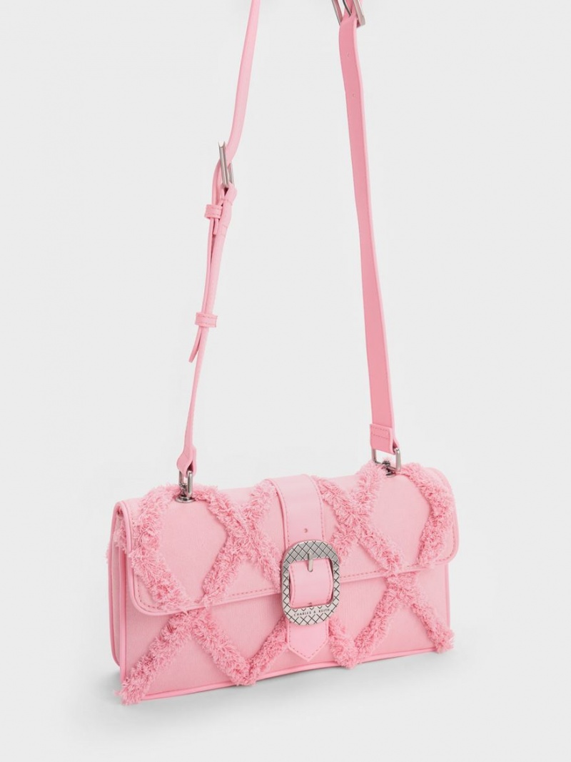 τσάντεσ ώμου Charles And Keith Eilith Frayed Denim Buckled ροζ | 97156-DQRZ
