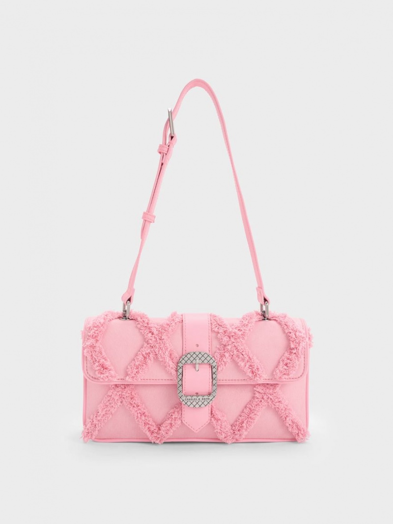τσάντεσ ώμου Charles And Keith Eilith Frayed Denim Buckled ροζ | 97156-DQRZ