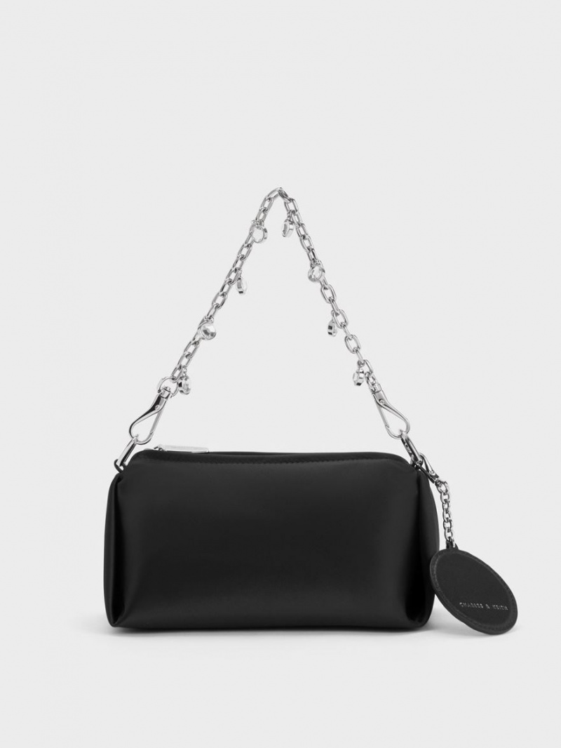 τσάντεσ χιαστί Charles And Keith Embellished Chain Handle Satin μαυρα | 87409-OTXA