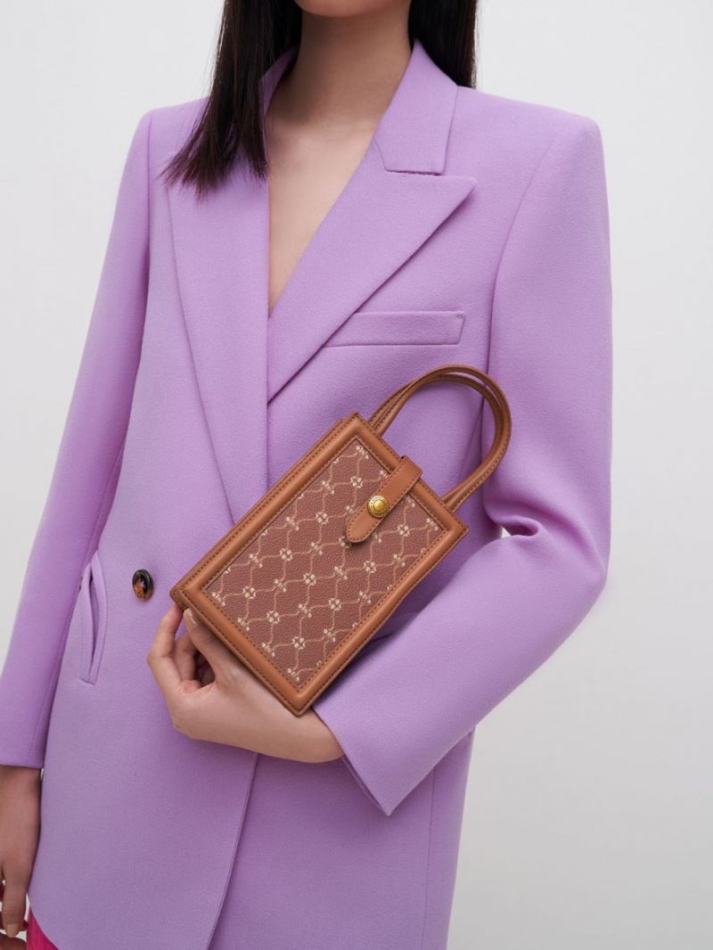 Τσάντα κινητού Charles And Keith Este Belted Printed σοκολάτα | 64153-WAOT