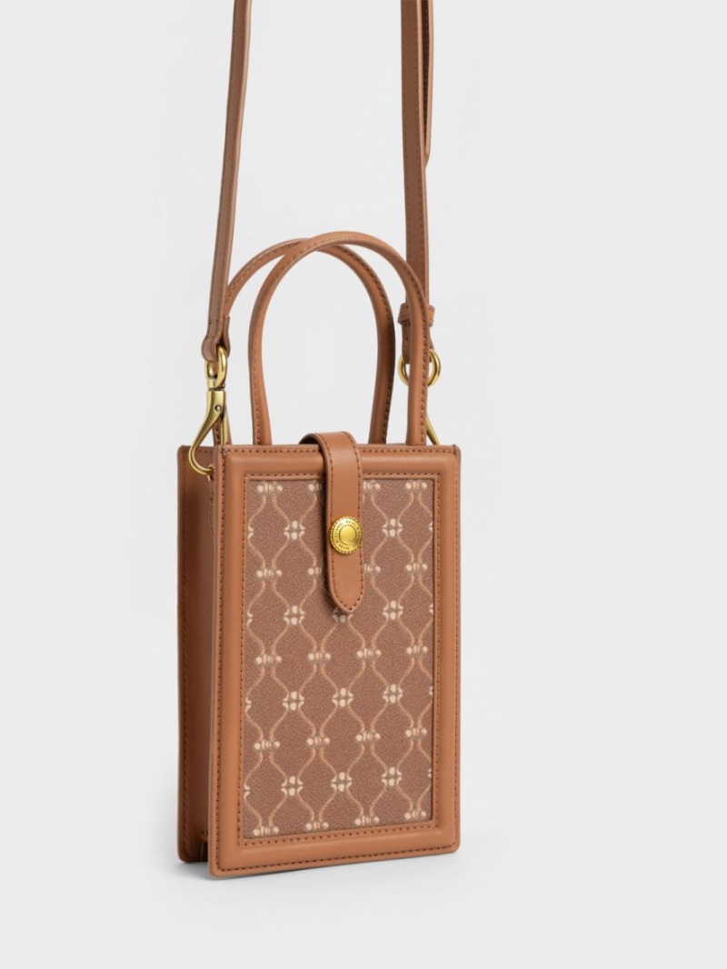 Τσάντα κινητού Charles And Keith Este Belted Printed σοκολάτα | 64153-WAOT