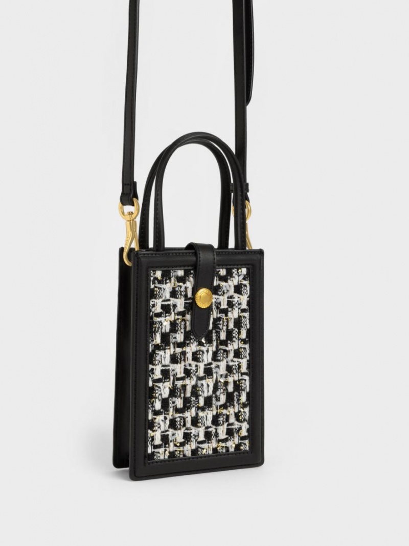 Τσάντα κινητού Charles And Keith Este Belted Tweed μαυρα | 13574-IHAJ