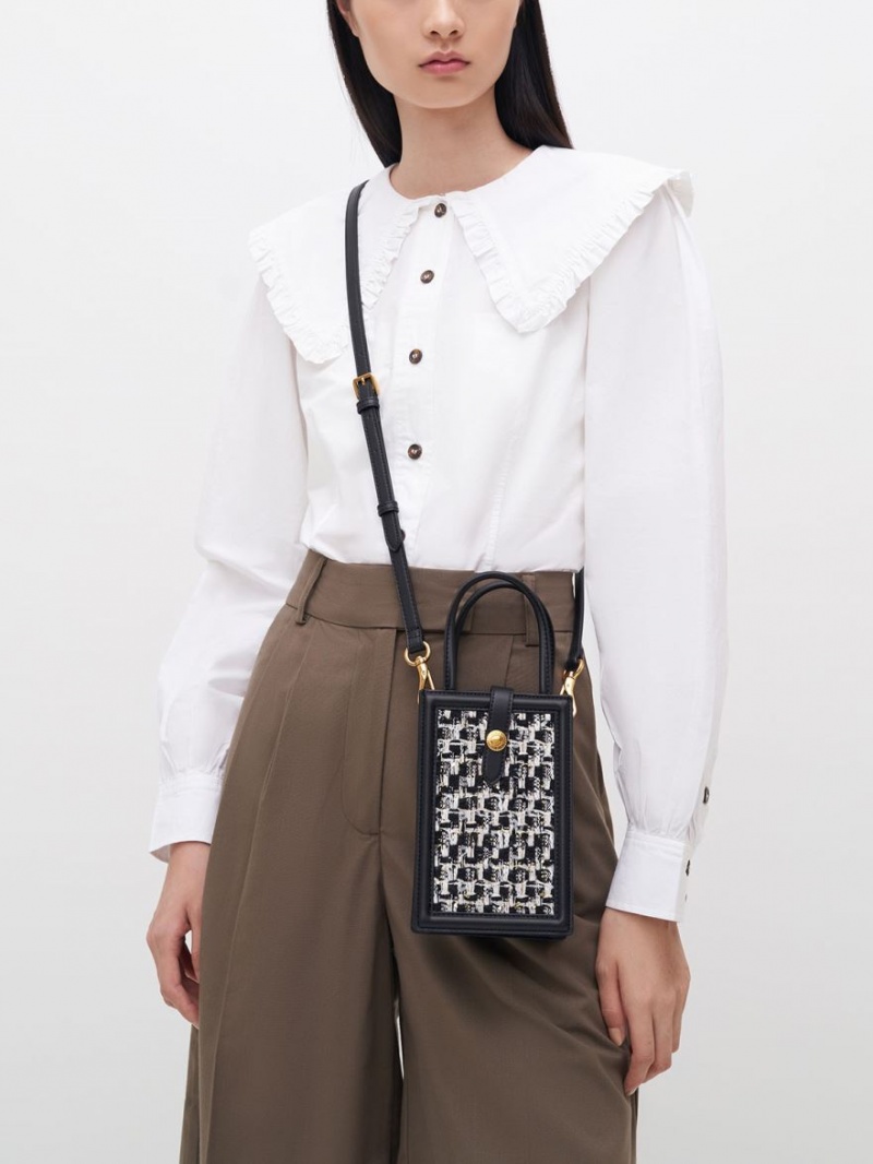 Τσάντα κινητού Charles And Keith Este Belted Tweed μαυρα | 13574-IHAJ
