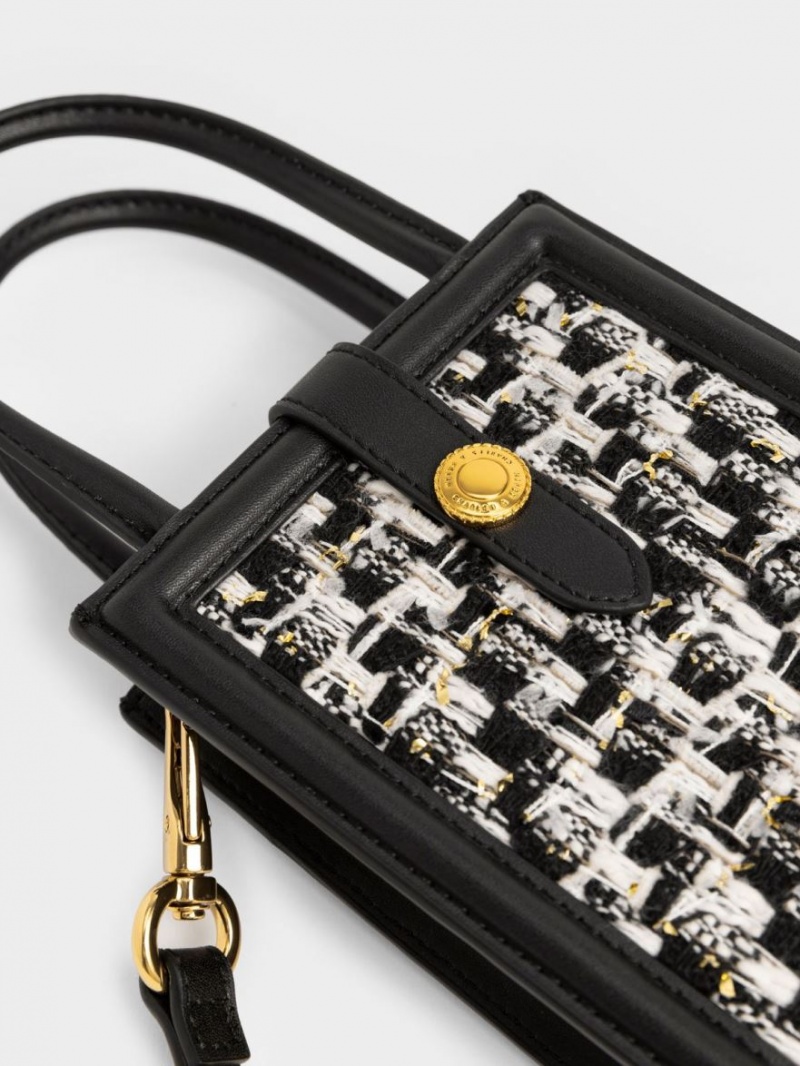 Τσάντα κινητού Charles And Keith Este Belted Tweed μαυρα | 13574-IHAJ