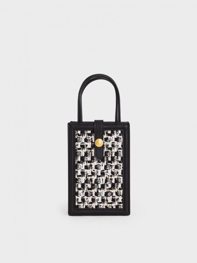 Τσάντα κινητού Charles And Keith Este Belted Tweed μαυρα | 13574-IHAJ