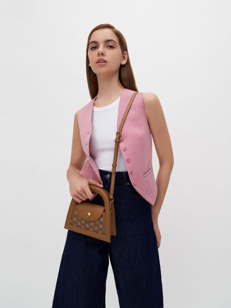 τσάντεσ χιαστί Charles And Keith Este Printed Trapeze σοκολάτα | 03967-XFQB