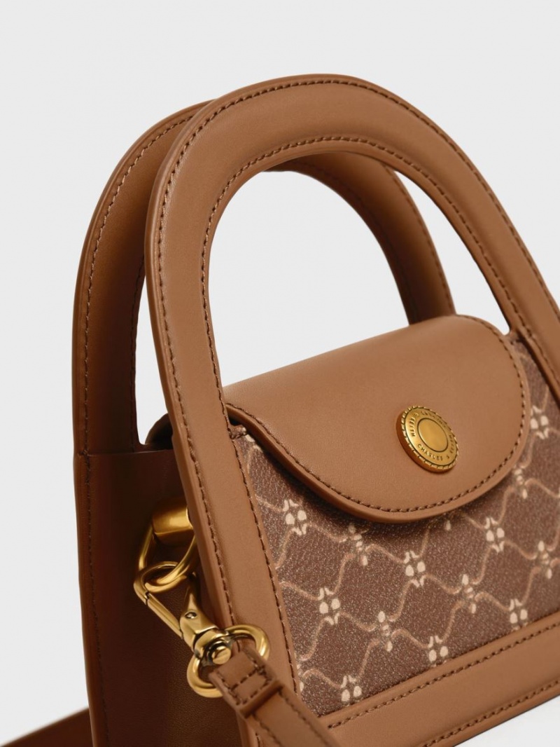 τσάντεσ χιαστί Charles And Keith Este Printed Trapeze σοκολάτα | 03967-XFQB