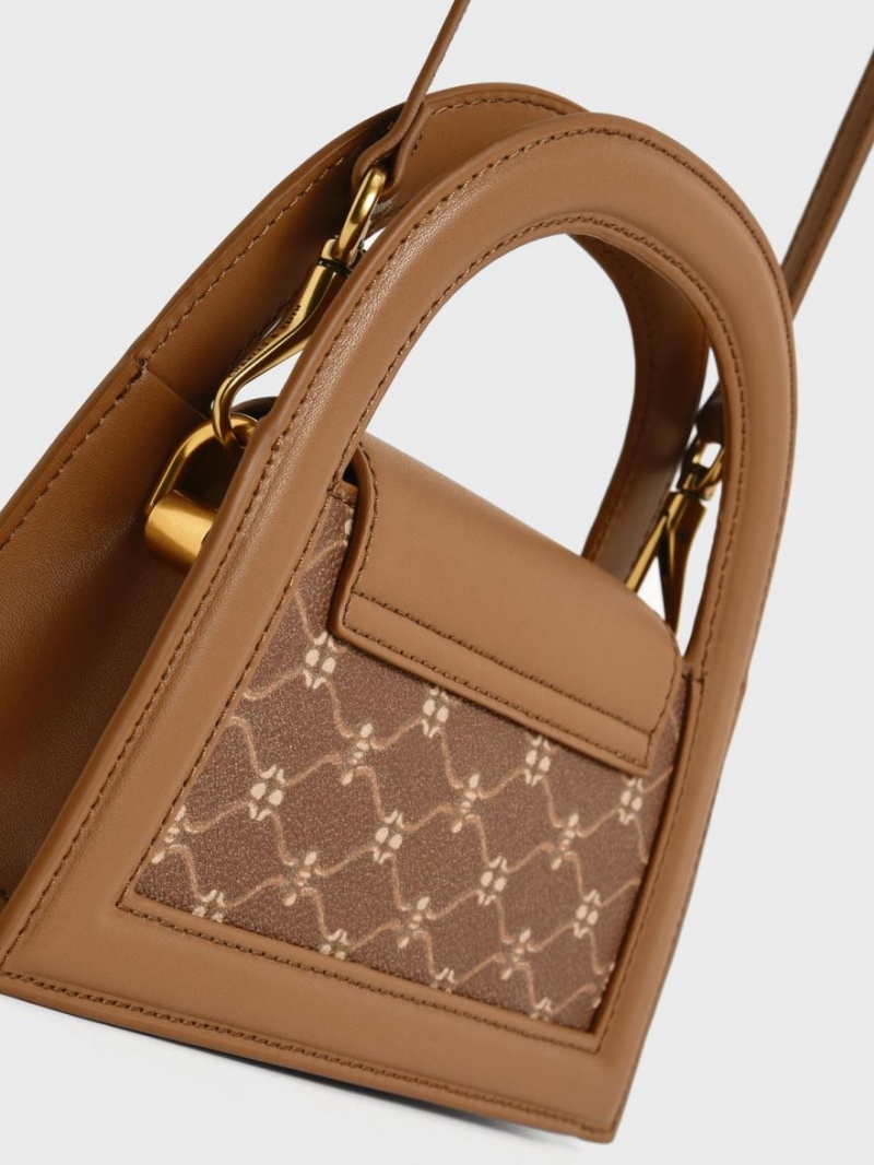 τσάντεσ χιαστί Charles And Keith Este Printed Trapeze σοκολάτα | 03967-XFQB