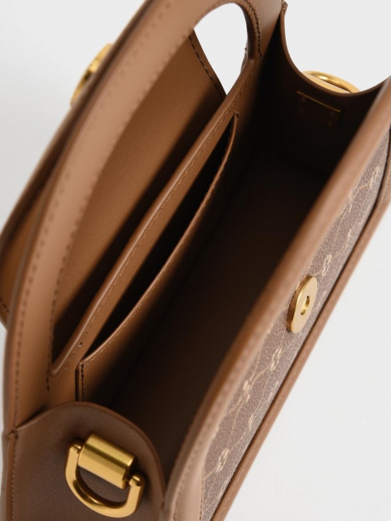 τσάντεσ χιαστί Charles And Keith Este Printed Trapeze σοκολάτα | 03967-XFQB