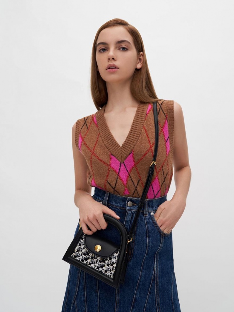 τσάντεσ χιαστί Charles And Keith Este Tweed Trapeze μαυρα | 69475-SJEH