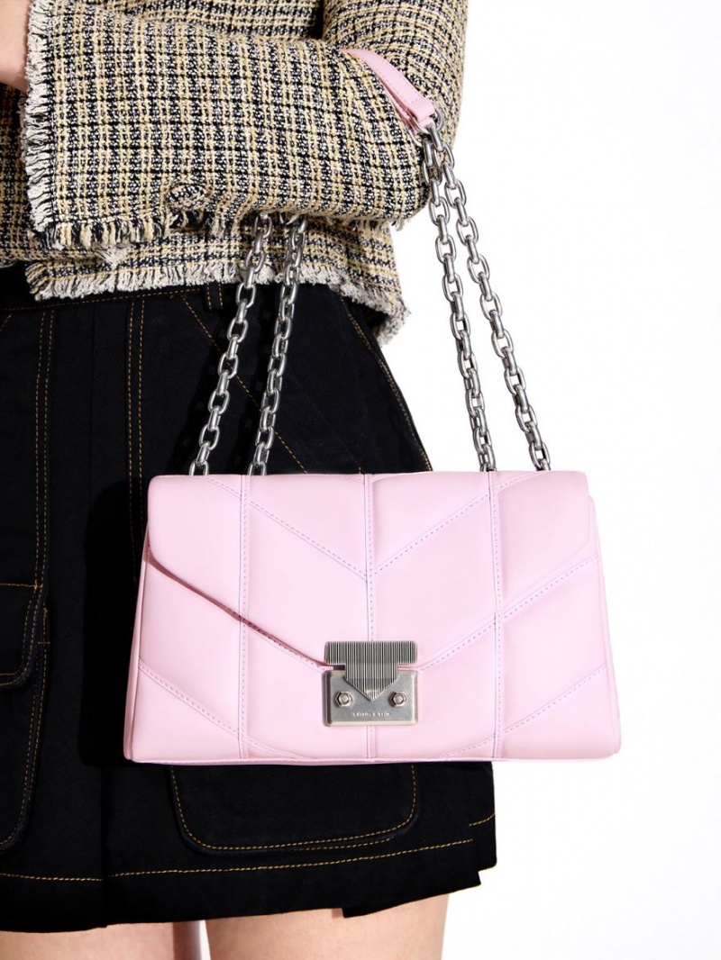 τσάντεσ χιαστί Charles And Keith Eudora Chevron Trapeze ροζ | 72605-ESUW