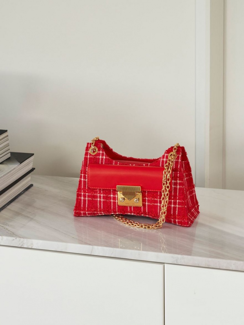 τσάντεσ ώμου Charles And Keith Eudora Tweed Sculptural κοκκινα | 73408-ESKW