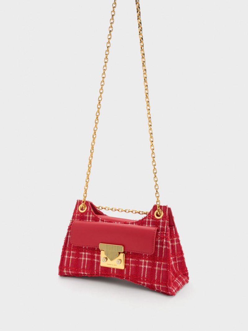 τσάντεσ ώμου Charles And Keith Eudora Tweed Sculptural κοκκινα | 73408-ESKW