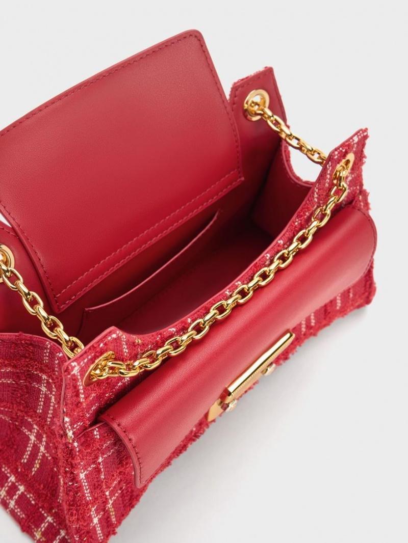τσάντεσ ώμου Charles And Keith Eudora Tweed Sculptural κοκκινα | 73408-ESKW