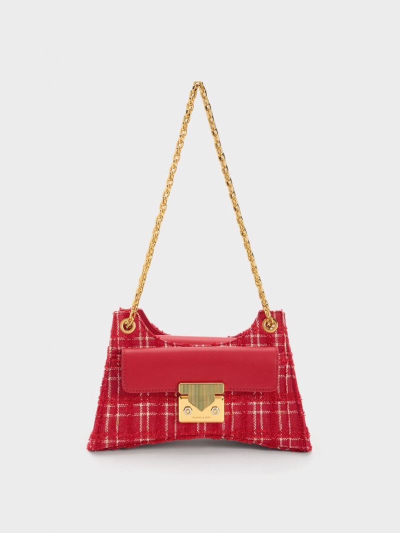 τσάντεσ ώμου Charles And Keith Eudora Tweed Sculptural κοκκινα | 73408-ESKW