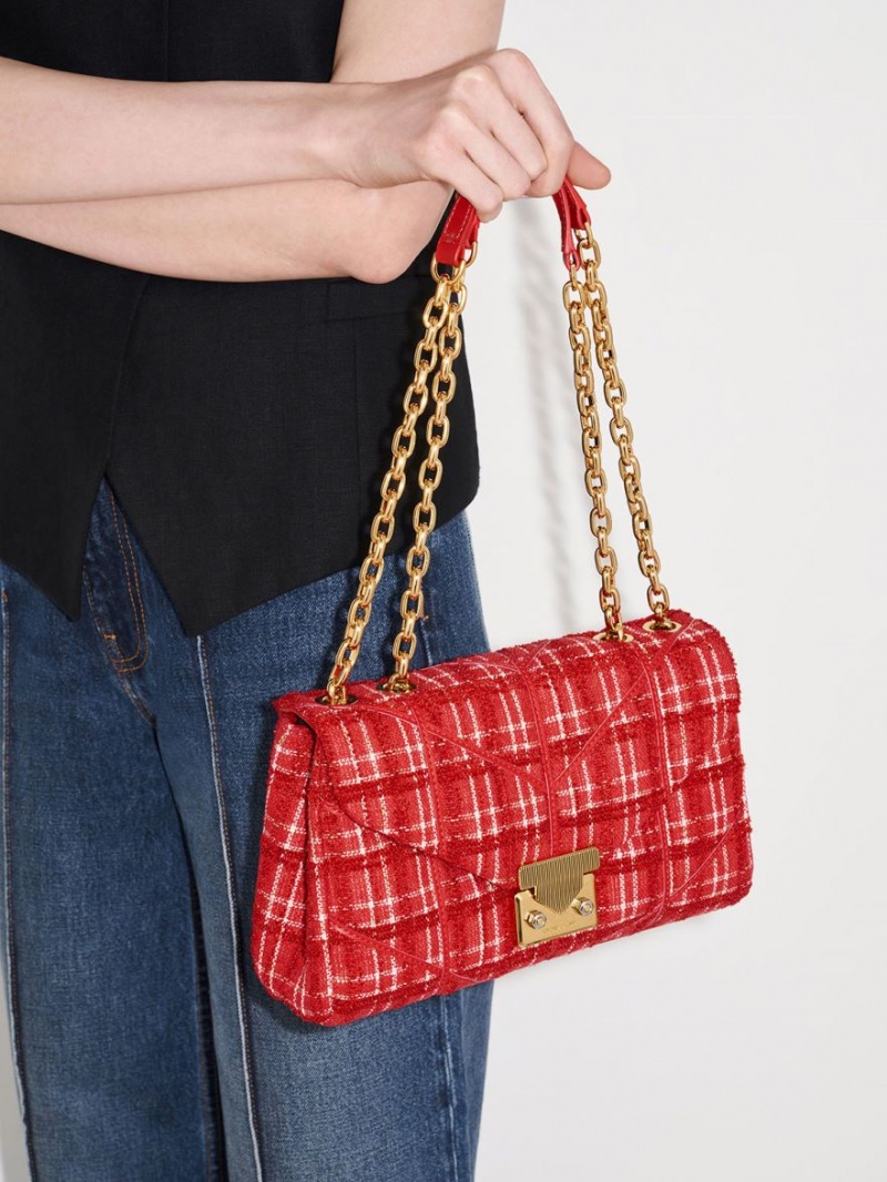 τσάντεσ χιαστί Charles And Keith Eudora Tweed Trapeze κοκκινα | 07861-LOAB