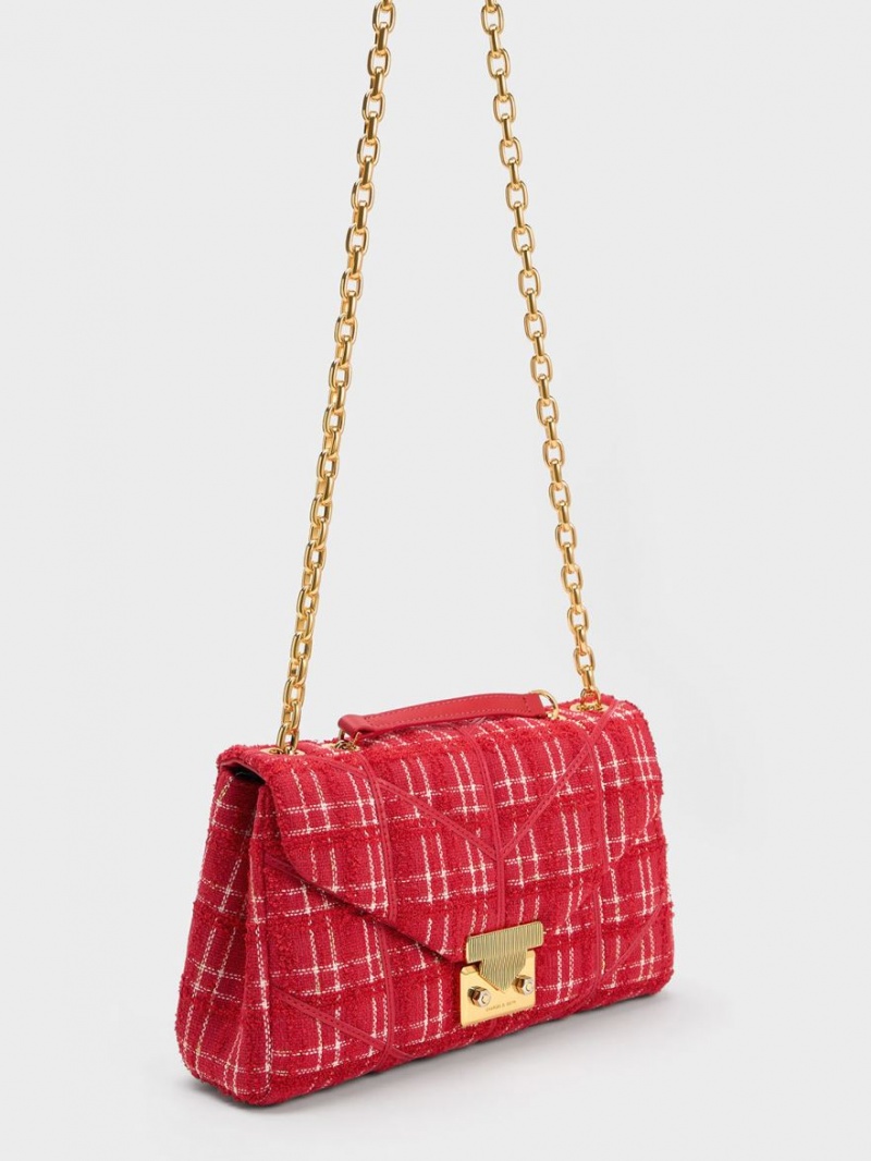 τσάντεσ χιαστί Charles And Keith Eudora Tweed Trapeze κοκκινα | 07861-LOAB
