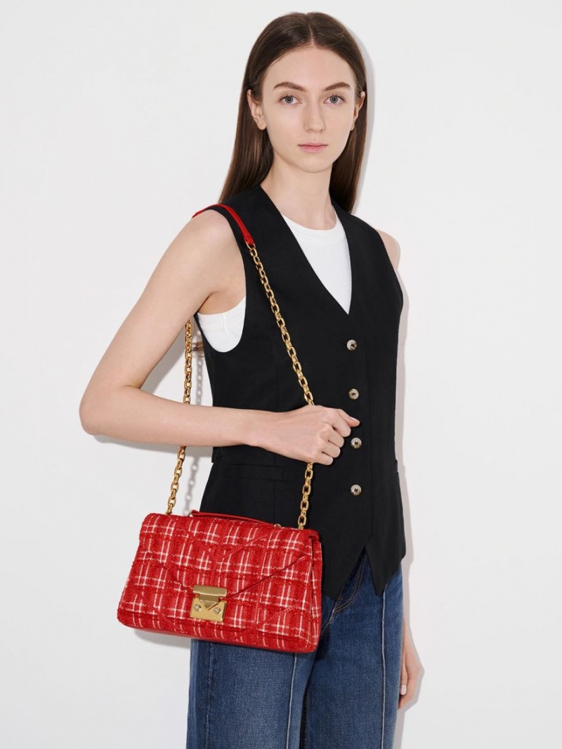 τσάντεσ χιαστί Charles And Keith Eudora Tweed Trapeze κοκκινα | 07861-LOAB