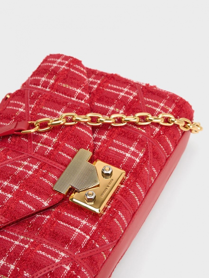 τσάντεσ χιαστί Charles And Keith Eudora Tweed Trapeze κοκκινα | 07861-LOAB