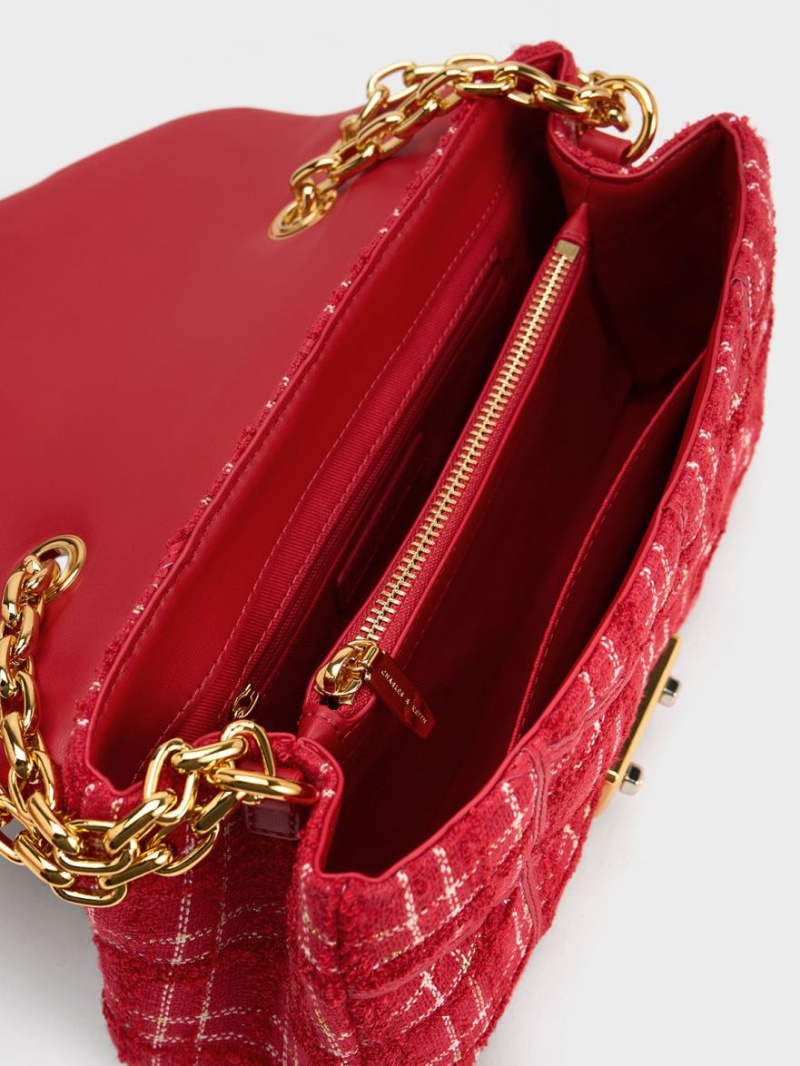 τσάντεσ χιαστί Charles And Keith Eudora Tweed Trapeze κοκκινα | 07861-LOAB